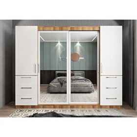 Baramolife GRM9 Mükemmel Sürgülü Çekmeceli Kapaklı Ceviz Beyaz 240 cm Gardrop