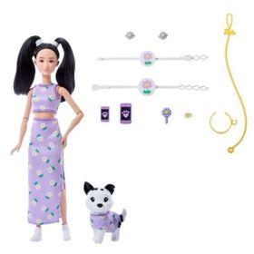 Barbie JFP39 Oyuncak Uyumlu Dostlar Siyah Saçlı Bebek ve Köpeği