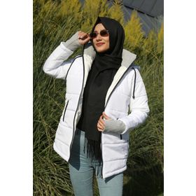 Barbora 805 Kışlık Kapüşonlu Uzun Şişme Beyaz Kadın Mont