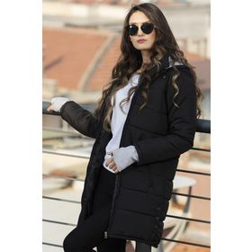 Barbora 805 Kışlık Kapüşonlu Uzun Şişme Siyah Kadın Mont
