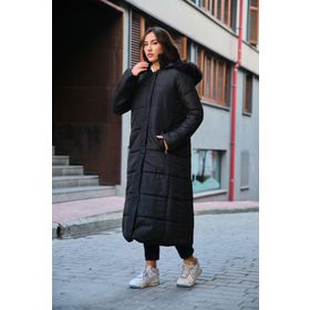 Barbora BT293 Diz Boy Kürk Detaylı Siyah Kadın Şişme Mont