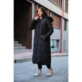 Barbora BT293 Diz Boy Kürk Detaylı Siyah Kadın Şişme Mont