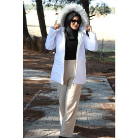 Barbora BT331BEYAZTESETTÜR Beyaz XS Günlük Kışlık Kapüşonu Kürklü Kadın Şişme Mont