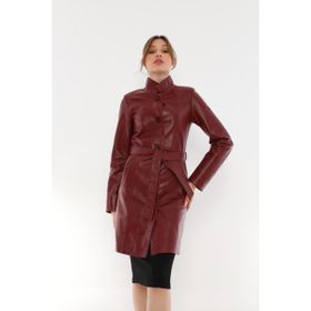 Basics&More B3034 Kuşaklı Düğmeli Bordo Kadın Deri Ceket