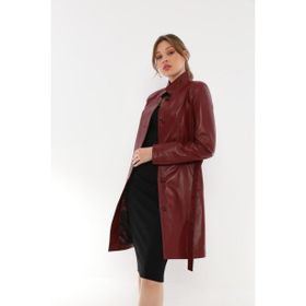 Basics&More B3034 Kuşaklı Düğmeli Bordo Kadın Deri Ceket
