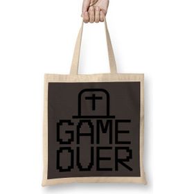 Baskı Dükkanı Blusa Game Over Bez Uzun Saplı Krem Rengi Çanta