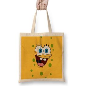 Baskı Dükkanı Bob Esponja Bez Uzun Saplı Krem Rengi Çanta