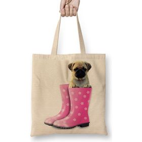 Baskı Dükkanı Botlu Pug Botlu Köpek Bez Uzun Saplı Krem Rengi Çanta