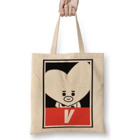 Baskı Dükkanı BT21 V Bts Bez Uzun Saplı Krem Rengi Çanta