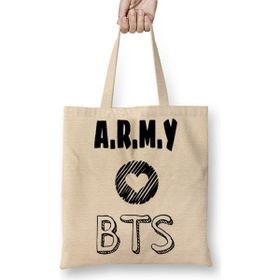 Baskı Dükkanı Bts Army Bez Uzun Saplı Krem Rengi Çanta