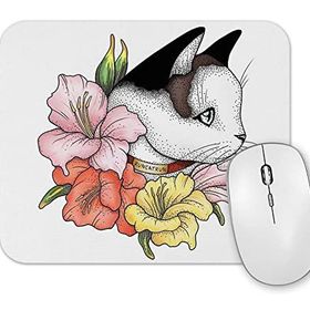 Baskı Dükkanı Cat Portrait in Gladiolus Flowers Pink Edition Kedi Mouse Pad