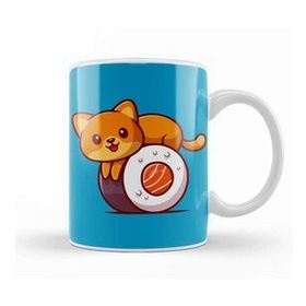 Baskı Dükkanı Cute Cat On Sushi Salmon Cartoon Kupa