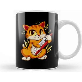 Baskı Dükkanı Cute Musician Cat Kitty Playing Guitar Beyaz 330 ml Porselen Kupa