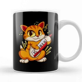 Baskı Dükkanı Cute Musician Cat Kitty Playing Guitar Beyaz 330 ml Porselen Kupa