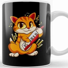 Baskı Dükkanı Cute Musician Cat Kitty Playing Guitar Beyaz 330 ml Porselen Kupa