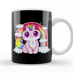 Baskı Dükkanı Cute Unicorn Cat Adorable Smiling Rainbow Kitty Kupa Bardak