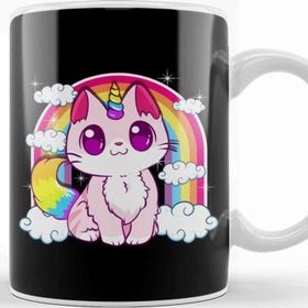 Baskı Dükkanı Cute Unicorn Cat Adorable Smiling Rainbow Kitty Kupa Bardak