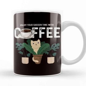 Baskı Dükkanı Enjoy Garden With Coffee Plants Cat Gardening Planting Lawn Porselen Beyaz Kupa Bardak