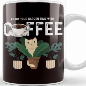 Baskı Dükkanı Enjoy Garden With Coffee Plants Cat Gardening Planting Lawn Porselen Beyaz Kupa Bardak