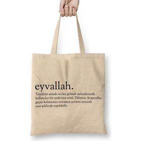Baskı Dükkanı Eyvallah Kelime Bez Uzun Saplı Krem Rengi Çanta