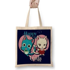 Baskı Dükkanı Fairy Tail Natsu Dragneel Happy Anime Manga Bez Uzun Saplı Krem Rengi Çanta