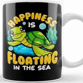 Baskı Dükkanı Fish Sea Turtle Happiness Is Floating In The Sea Beyaz 330 ml Porselen Kupa Bardak