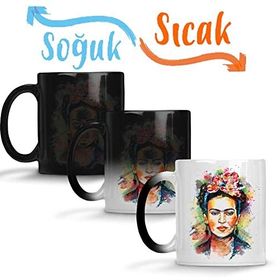Baskı Dükkanı Frida Kahlo Renkli Çiçekli Sihirli Porselen Kupa