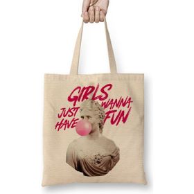 Baskı Dükkanı Girls Just Wanna Have Fun Bez Uzun Saplı Krem Rengi Çanta