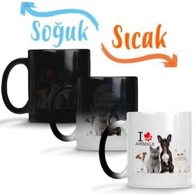 Baskı Dükkanı I Love Animals Kedi Köpek Cat Dog Pet Hayvan Sihirli Porselen Kupa