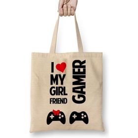Baskı Dükkanı I Love My Girl Friends Gamer Bez Uzun Saplı Krem Rengi Çanta