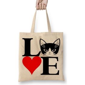 Baskı Dükkanı I Lowe Kedi Seni Seviyorum Kedi Bez Uzun Saplı Krem Rengi Çanta