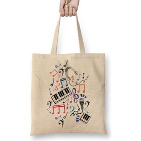Baskı Dükkanı Iyi Zıplayanlar Müzik Notları ve Semboller Müzik Notolar Bez Uzun Saplı Krem Rengi Çanta