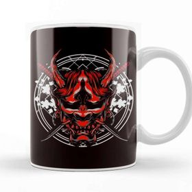 Baskı Dükkanı Japan Warrior Skull Samurai Kendo Katana Ninja Shinobi Mempo Porselen Beyaz Kupa Bardak