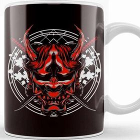 Baskı Dükkanı Japan Warrior Skull Samurai Kendo Katana Ninja Shinobi Mempo Porselen Beyaz Kupa Bardak