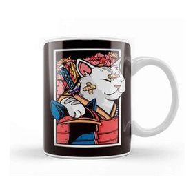 Baskı Dükkanı Japanese Art Cat Samurai Ninja Katana Warrior Kendo Sword Porselen Beyaz Kupa Bardak