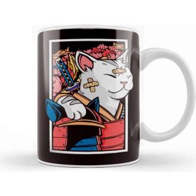 Baskı Dükkanı Japanese Art Cat Samurai Ninja Katana Warrior Kendo Sword Porselen Beyaz Kupa Bardak