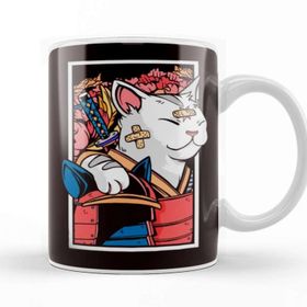 Baskı Dükkanı Japanese Art Cat Samurai Ninja Katana Warrior Kendo Sword Porselen Beyaz Kupa Bardak