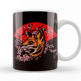 Baskı Dükkanı Japanese Fox Sakura Cherry Blossom Tree Japanese Art Nature Porselen Beyaz Kupa Bardak
