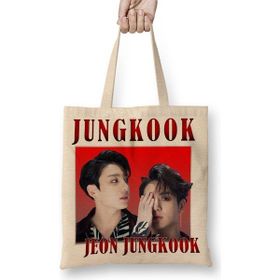 Baskı Dükkanı Jeon Jungkook Bts Bez Uzun Saplı Krem Rengi Çanta