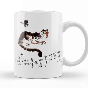 Baskı Dükkanı KB10276 Cat Butterfly Kedi Porselen Kupa Bardak