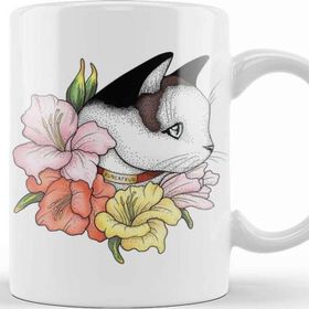 Baskı Dükkanı KB10278 Cat Portrait In Gladiolus Flowers Pink Edition Kedi Porselen Kupa Bardak