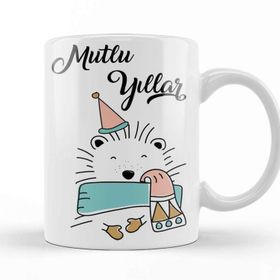 Baskı Dükkanı KB11877 Beyaz Şapkalı Ayıcık Ile Mutlu Yıllar Kupa Bardak
