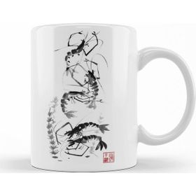 Baskı Dükkanı KB12056 Traditional Chinese Painting Shrimp Gathering Porselen Kupa Bardak