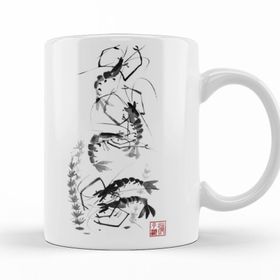 Baskı Dükkanı KB12056 Traditional Chinese Painting Shrimp Gathering Porselen Kupa Bardak