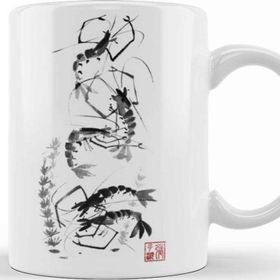Baskı Dükkanı KB12056 Traditional Chinese Painting Shrimp Gathering Porselen Kupa Bardak
