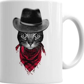 Baskı Dükkanı KB12509 Kovboy Cat Kedi Porselen Kupa Bardak