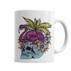 Baskı Dükkanı KB5708 Caveira Tropical Flamingo Skull Porselen Kupa Bardak