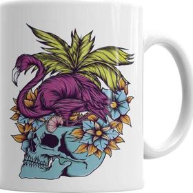 Baskı Dükkanı KB5708 Caveira Tropical Flamingo Skull Porselen Kupa Bardak