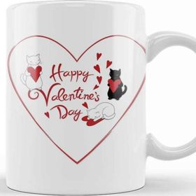 Baskı Dükkanı KB9969 Aşk Kediler Happy Valentines Cats Porselen Kupa Bardak