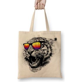 Baskı Dükkanı Kükreme Aslan Kaplan Gözlüklü Aslan Kaplan Bez Uzun Saplı Krem Rengi Çanta